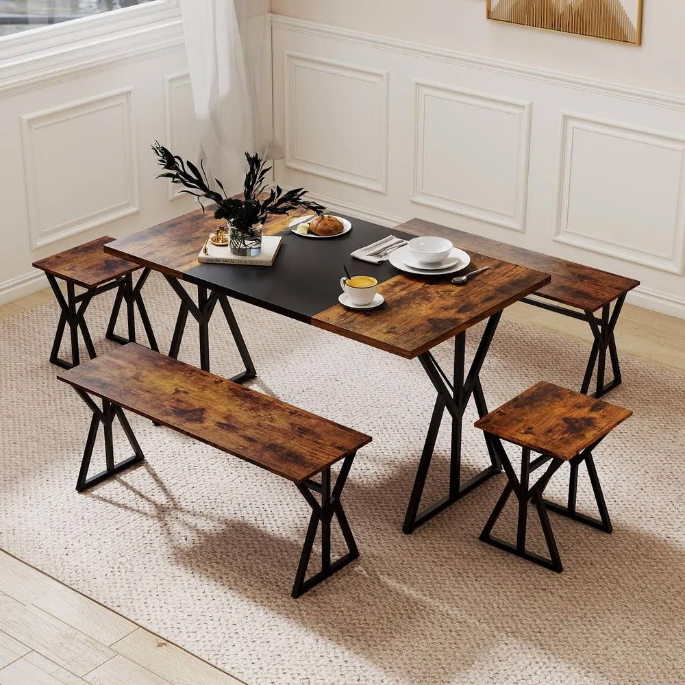 Costway 5PCS Dining Room Set Industrial Kitchen Table w/2 Benches & 2 Stools in Brown 4