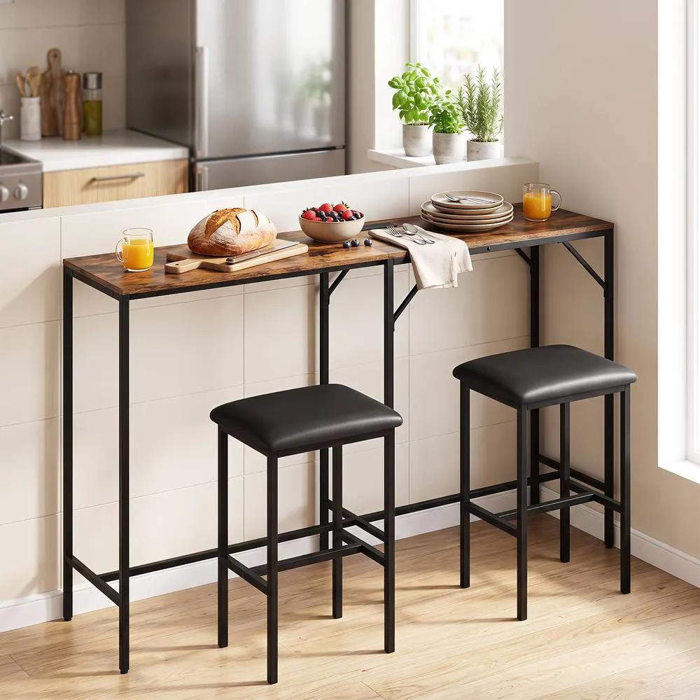 Costway 3-Piece Bar Table & Chair Set L-Shaped Table 2 AC Outlets in Brown 3