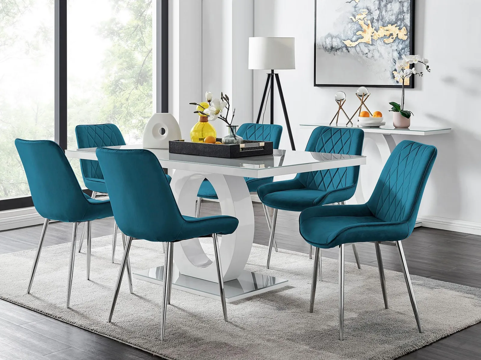 FurnitureboxUK Giovani 6-Seater Grey Glass Dining Table & 6 Pesaro Soft Velvet Dining Chairs in Blue 1