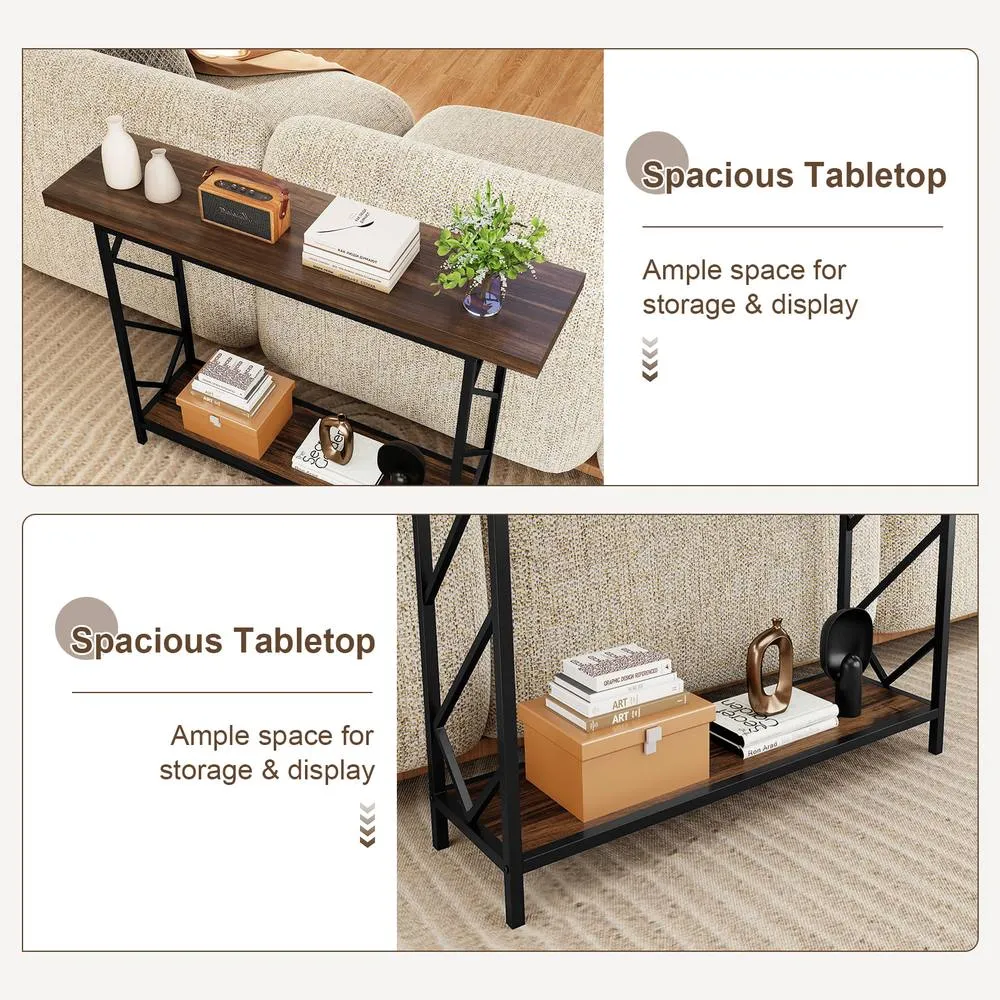 Costway 120CM Narrow Console Table 2-Tier Entryway Table W/ Storage Shelf in Brown 5