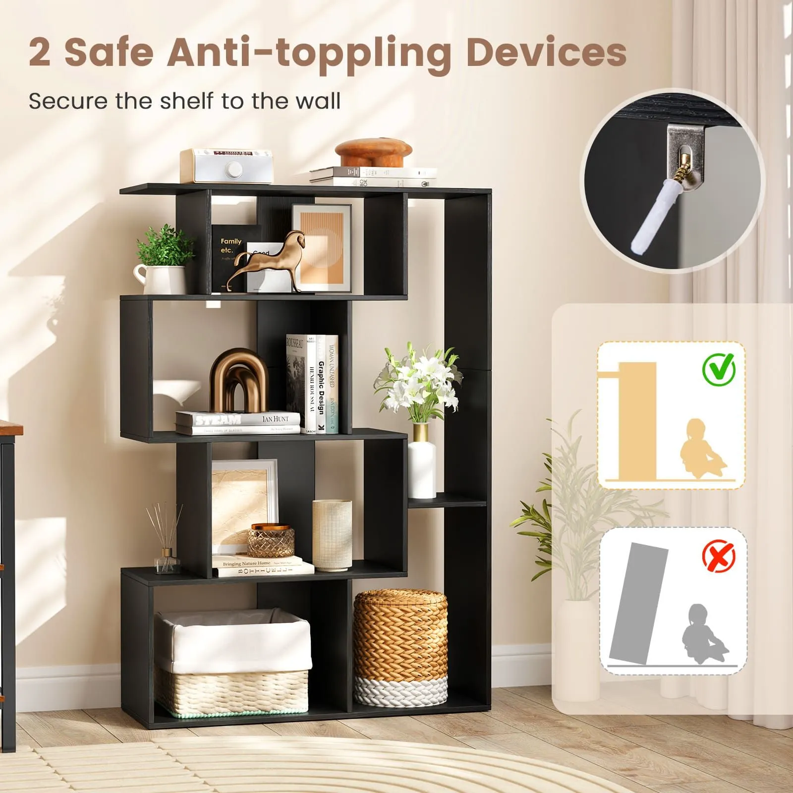 Costway Open-back Geometric Bookshelf Home 6-Cube Large Bookcase-Black in Black 3