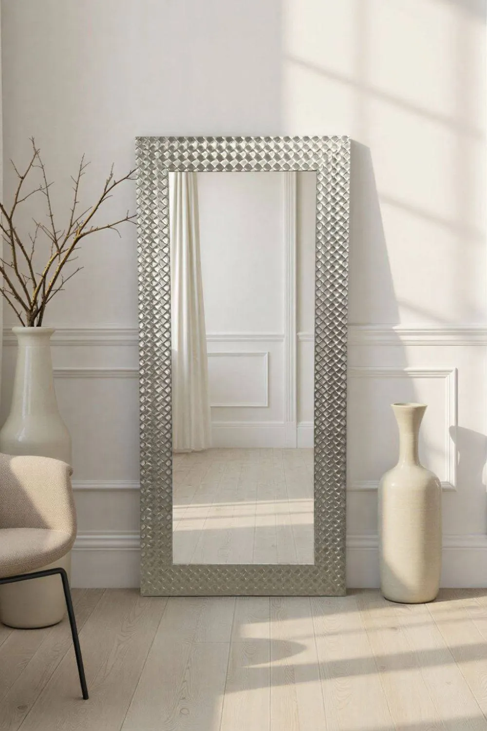 Yearn Mirrors Hammered Tall Silver Framed Bevelled Mirror in Metallic Silver