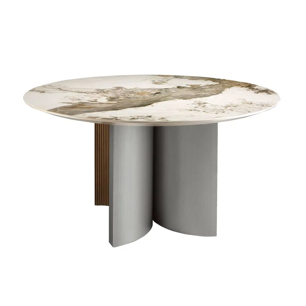Angel Cerda Round Dining Table Porcelain Marble Top Walnut in Metallic Silver 6
