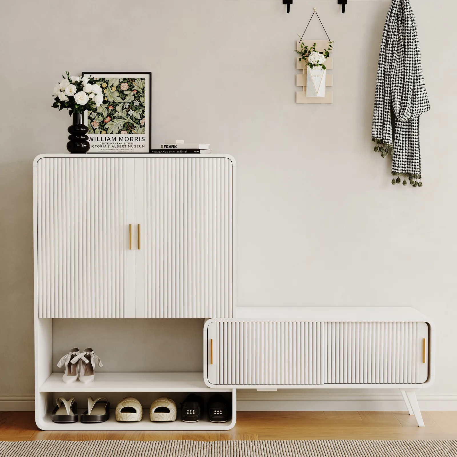 37" Warm White Shoe Storage Fluted Entryway Cabinet, Right Hand