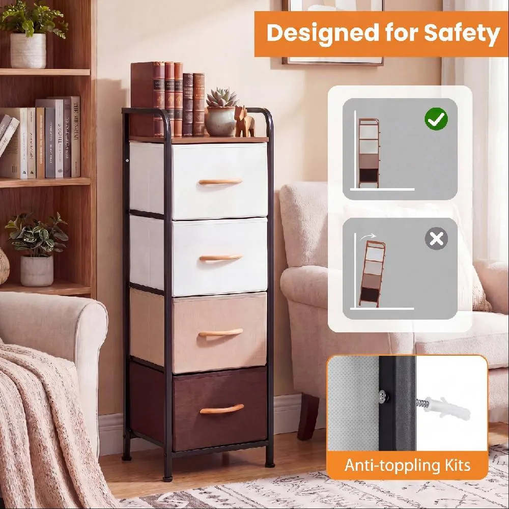 Costway 4-Drawer Dresser for Bedroom Narrow Vertical Storage Organizer With Fabric Bins in Brown 3