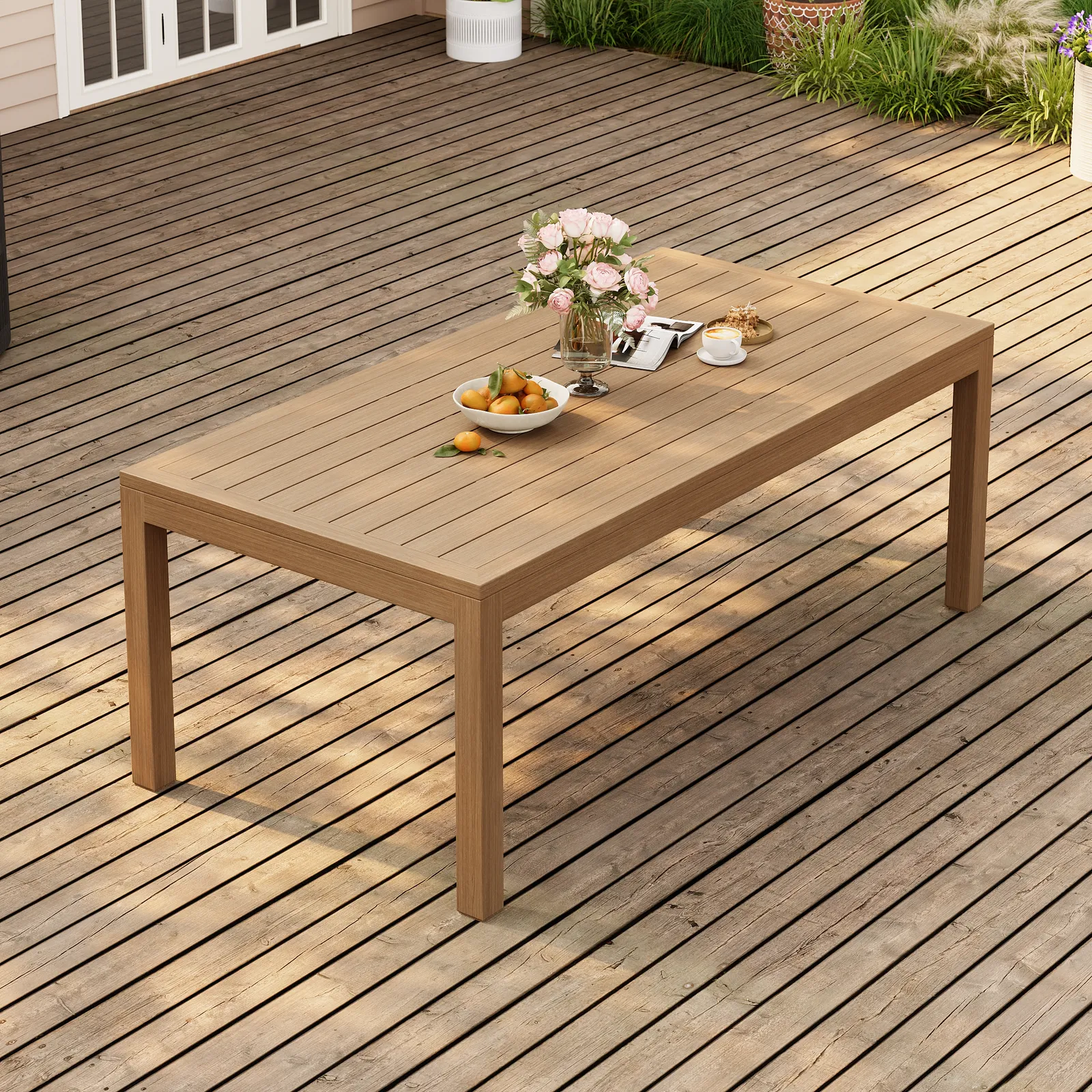 Wevara Walnut-Finished Aluminium Slatted Outdoor Dining Table