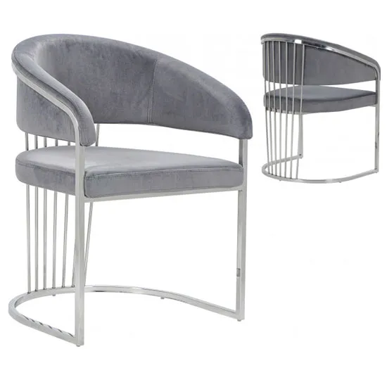 Longi Grey Velvet Dining Chair In Pair With Silver Legs