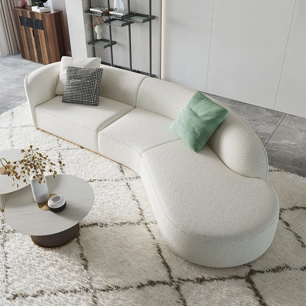 3400mm Curved White Sectional Sofa Upholstered 5-Seater Floor Sofa Faux-Fur Polyester
