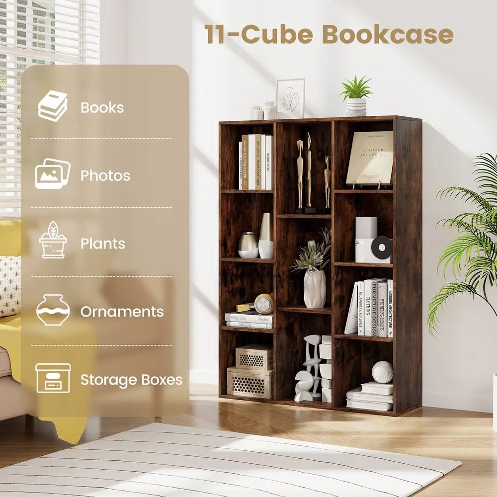 Costway 11 Cubes Bookcase Modern Geometric Bookshelf Book Storage Organizer in Brown 3