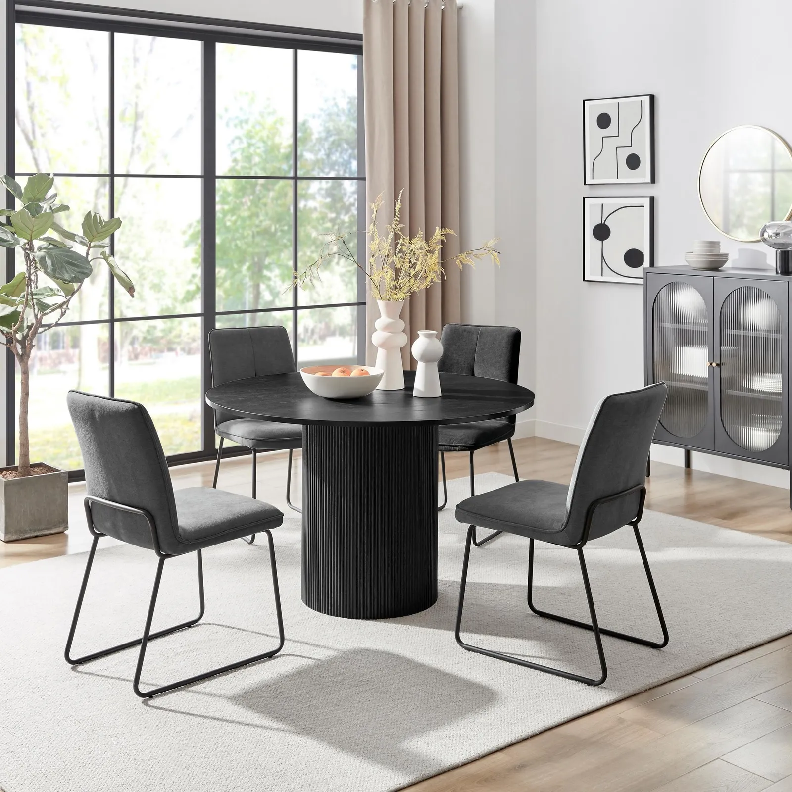 FurnitureboxUK Penrose Black Round Dining Table & 4 Halleyy Chairs in Dark Grey 1