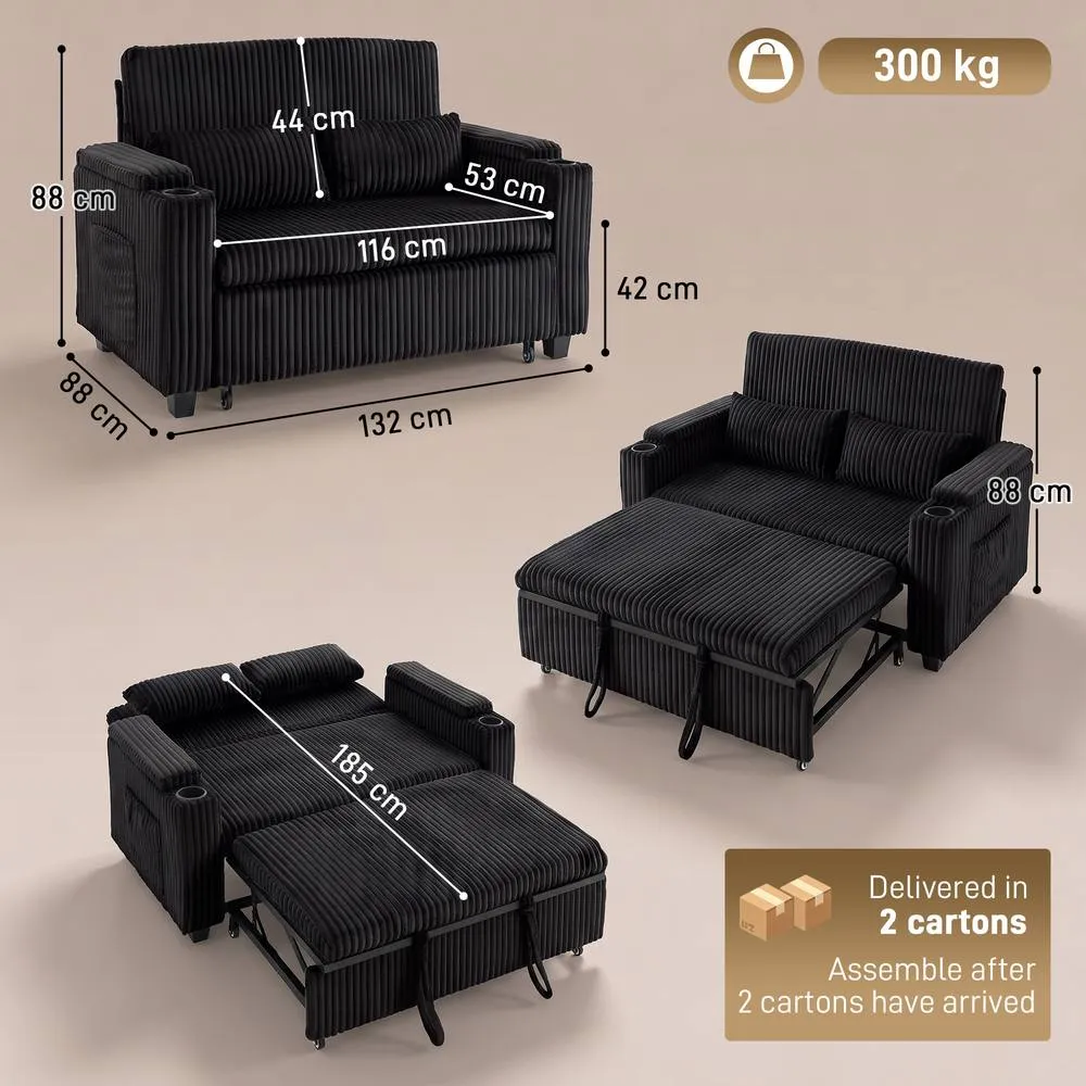 HOMCOM 2 Seater Sofa Bed, 3-in-1 Corduroy Pull Out Sleeper Sofa, Black 3