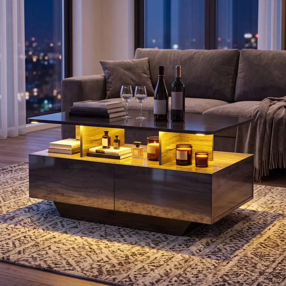 Costway Coffee Table 20-Colour Lighted High Glossy Center Table With 2 Drawers in Grey 5