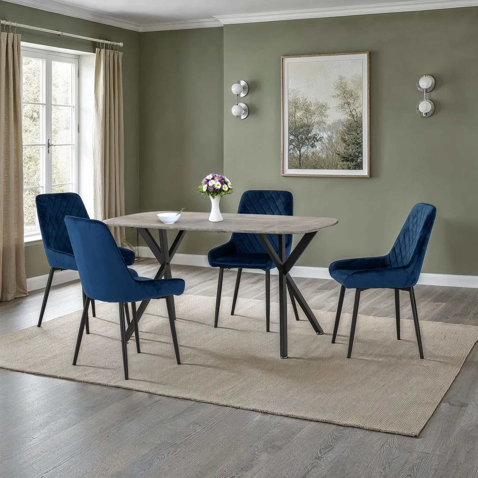 Seconique Athens Rectangular Concrete Effect Dining Set with Avery Chairs in Blue 1