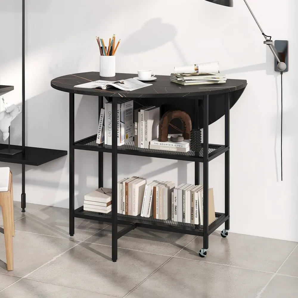 Costway 100cm Round Kitchen Table Dining Table w/Drop Leaf Tabletop-Black in Black 3