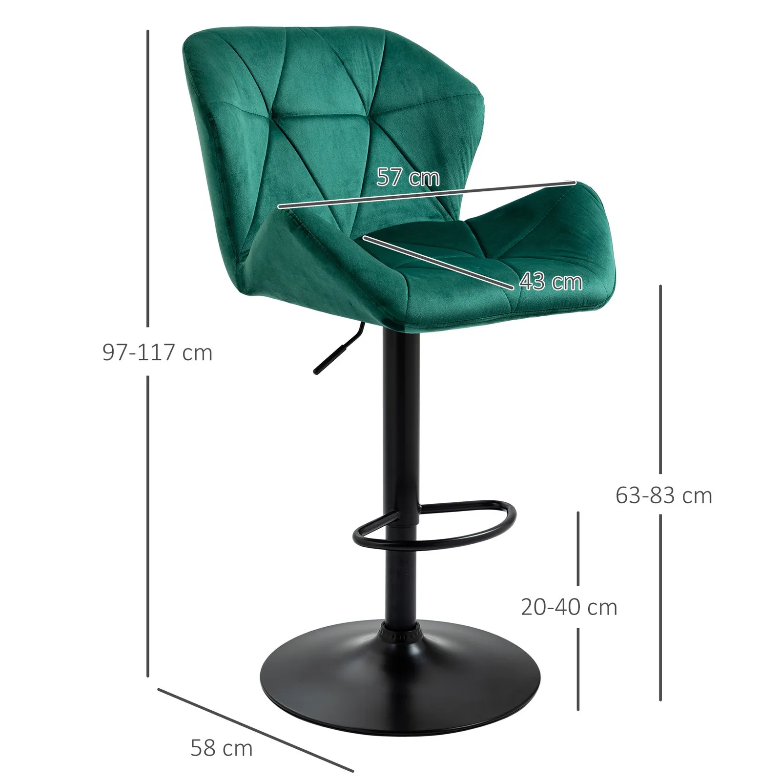 HOMCOM Of 2 Luxurious Velvet-Touch Bar Stools w/ Metal Frame Footrest Base in Green 3