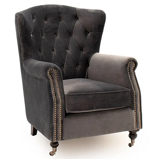 Reedy Velvet Wingback Chair In Grey With Metal Castor