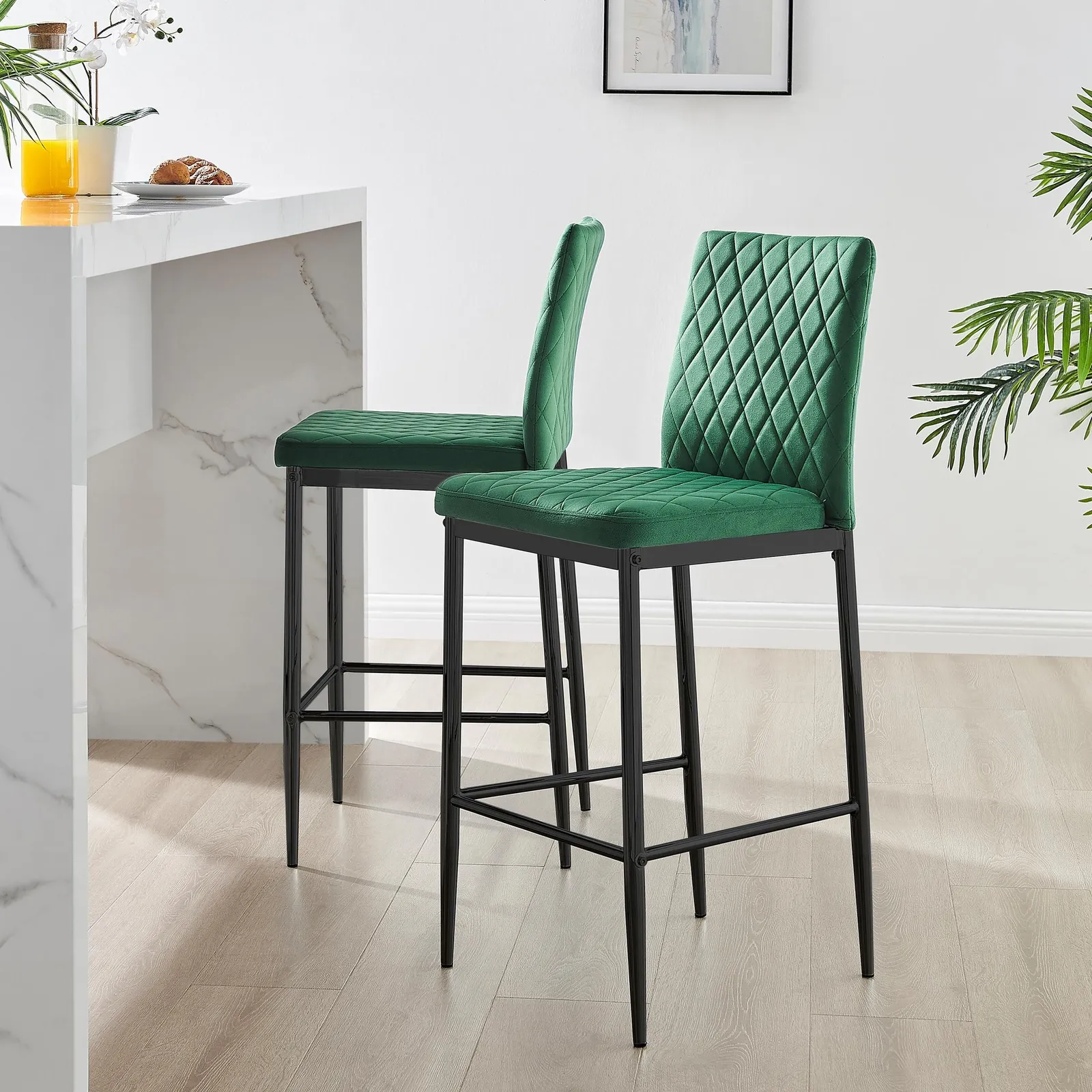 FurnitureboxUK Set of 2 Milan Soft Touch Hatched Velvet Padded Counter Stools With Black Metal Legs in Green