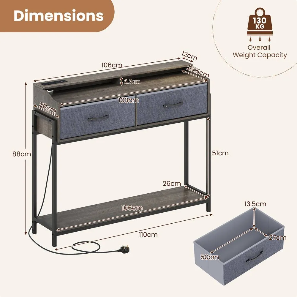 Costway Console Table w/Charging Station & Shelves 110cm Narrow Entryway Table in Grey 2
