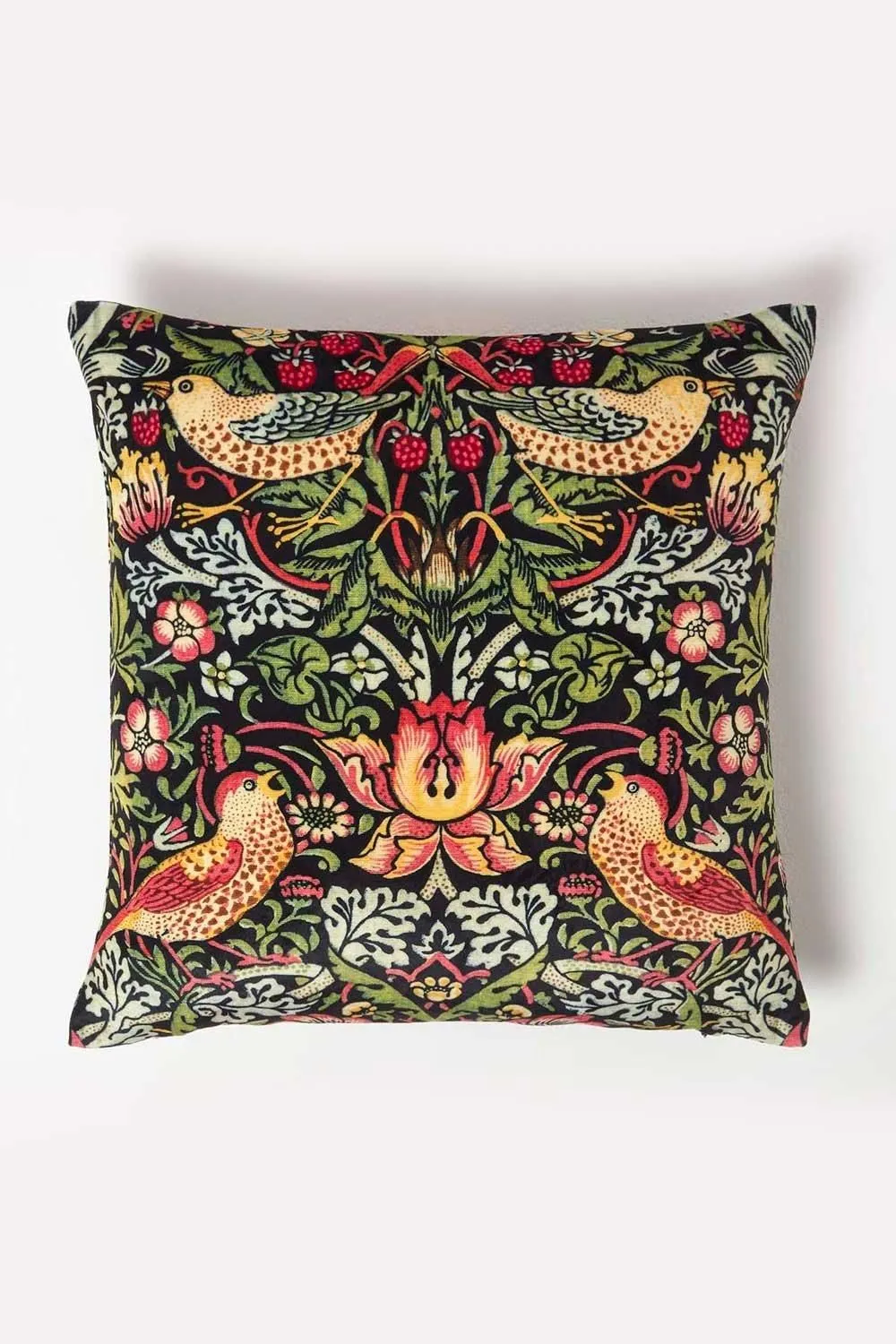 Homescapes William Morris Strawberry Thief Velvet Cushion in Black