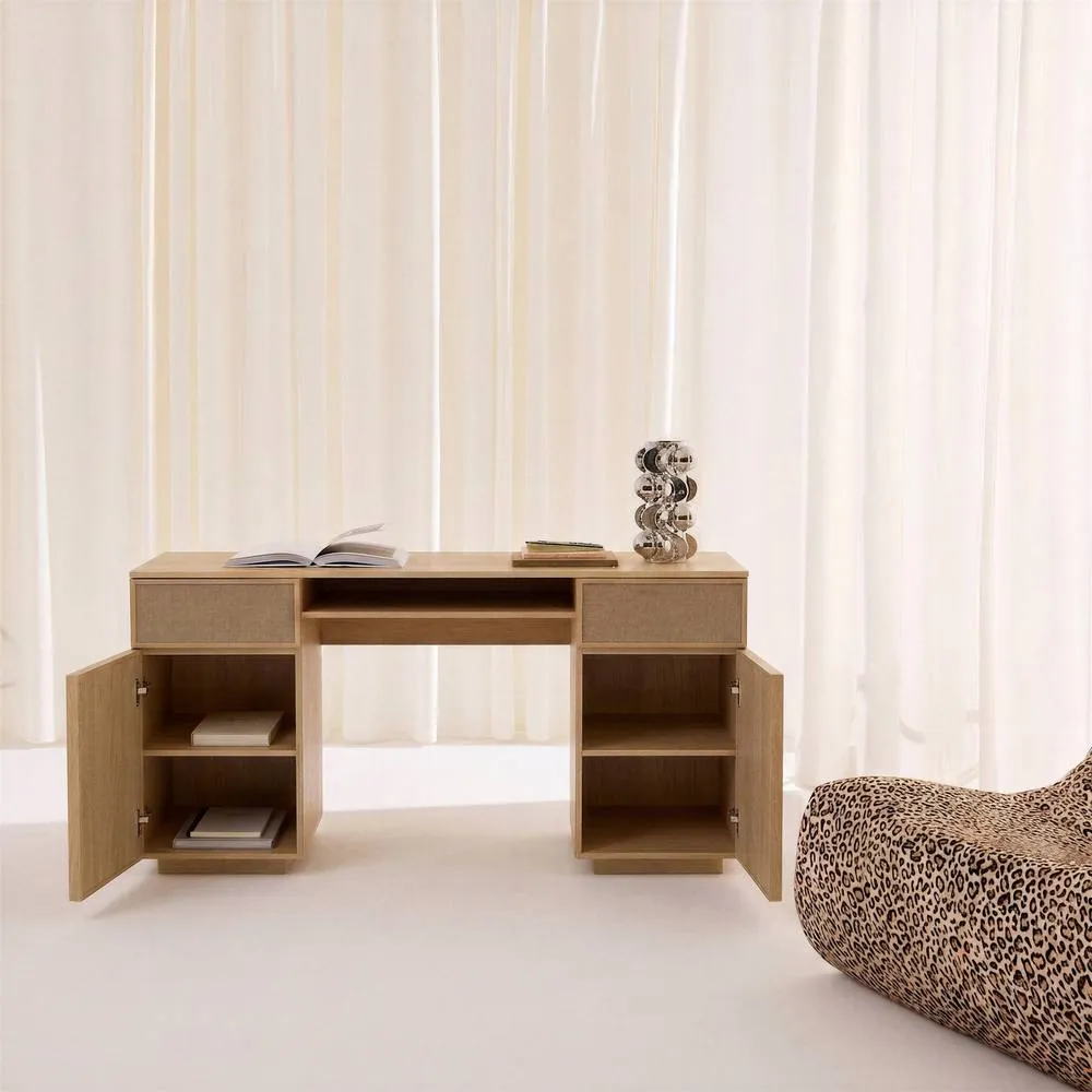 sweeek Desk with 2 doors, 2 drawers, 1 niche fabric & wood decor 140cm in Beige 4