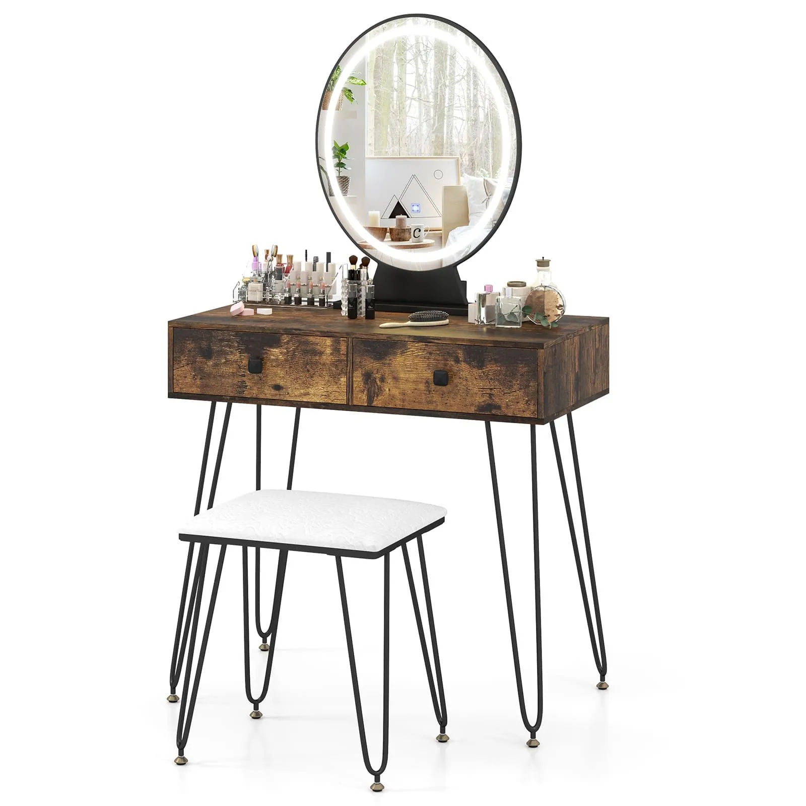 Costway Vanity Set Makeup Dressing Table w/ Soft Cushioned Stool & Mirror in Brown