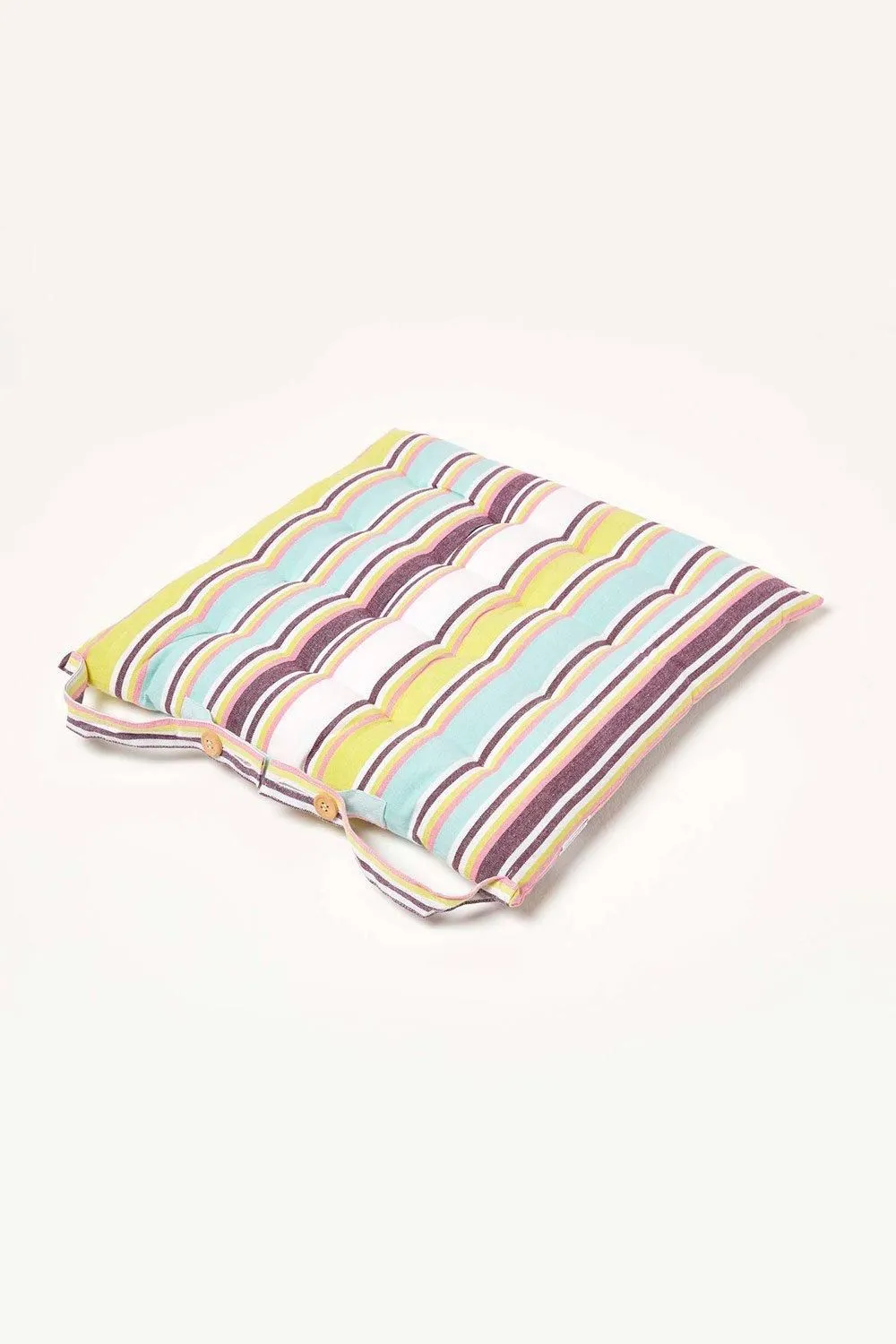 Homescapes Osaka Green Stripe Seat Pad with Button Straps 100% Cotton, 40 x 40cm 2