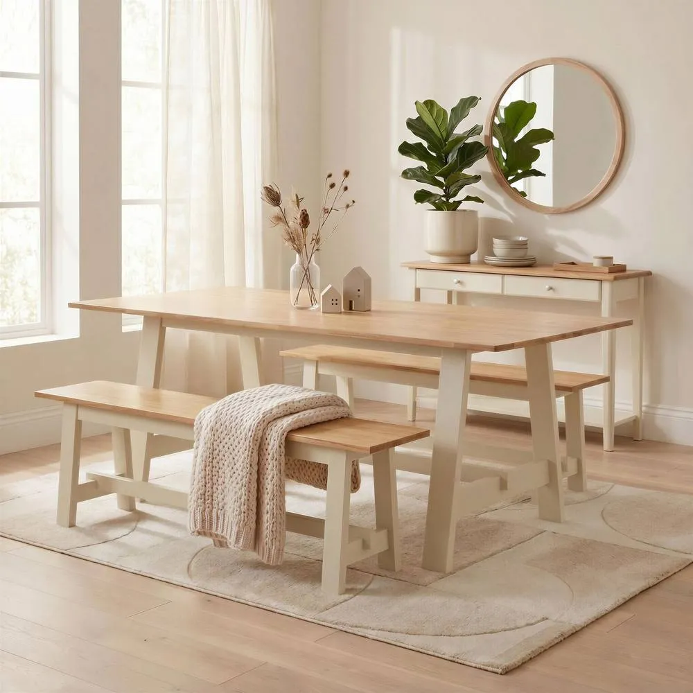 FurnitureboxUK Blakeney Wood Dining Table & 2 Benches in Light Oak 1