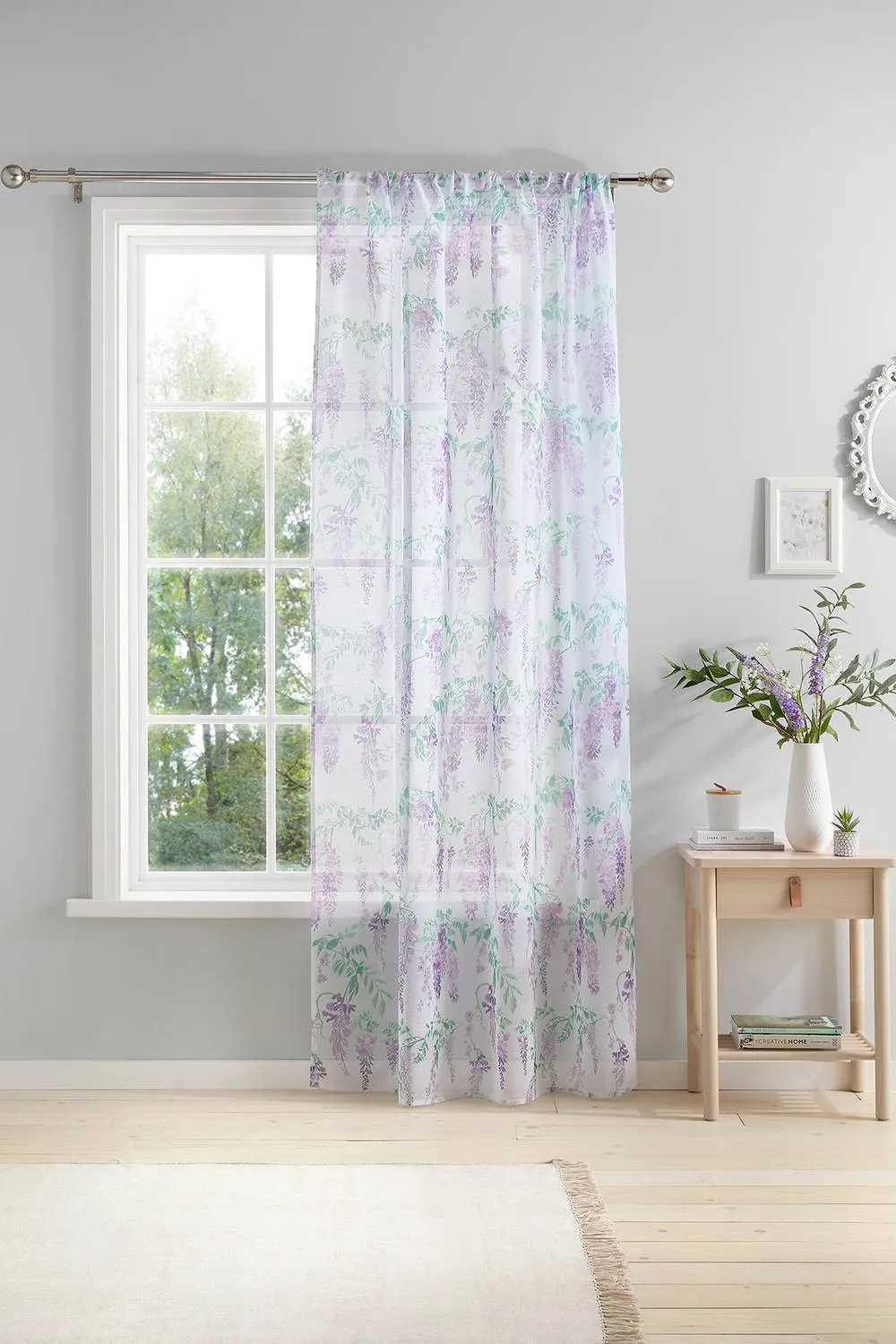 Dreams & Drapes 'Wisteria' Hand Painted Wisteria Print Voile Panel in Lilac