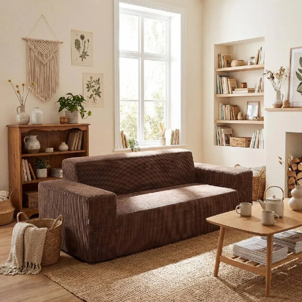 Costway Corduroy 3 Seater Sofa Brown Boneless Couch with High Backrest Deep Seat 4