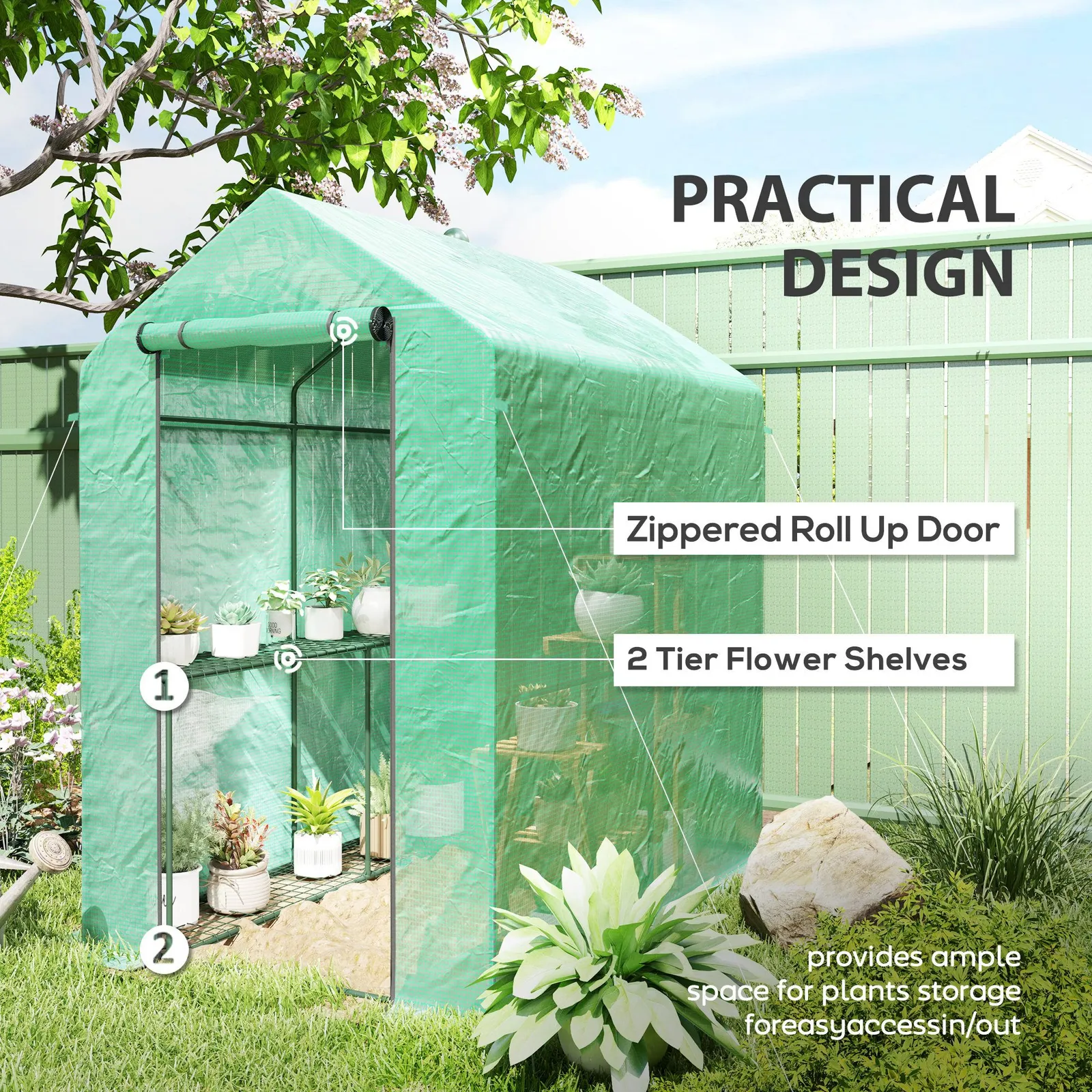 OUTSUNNY Walk in Greenhouse w/Shelves Steeple Grow House 120 x 186 x 190 cm in Green 6