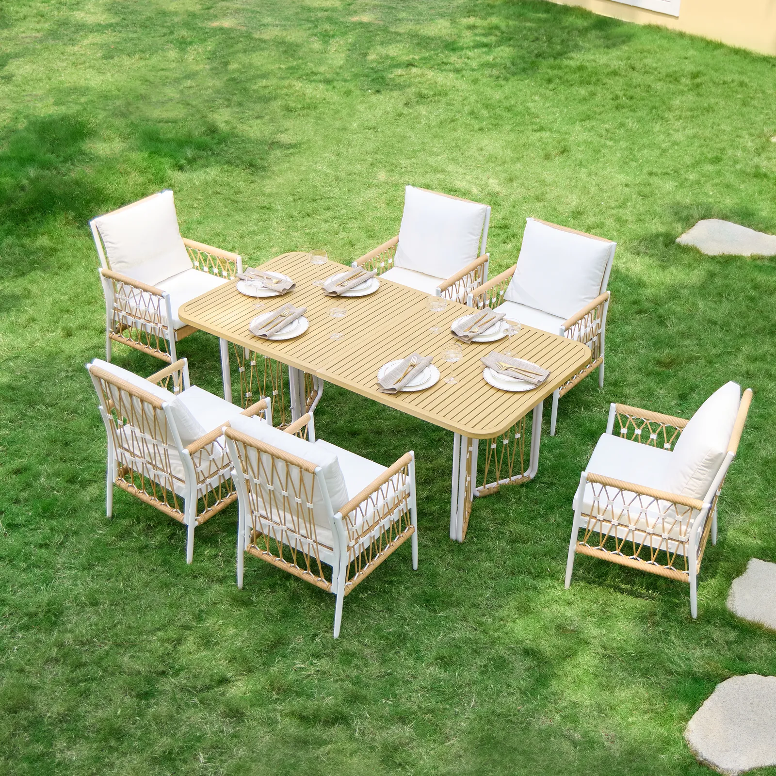 7 PCS Woven Rope Outdoor Dining Set Boho Style Yard & Patio Furniture for 4-6 Person in Khaki & White Cushion & Pillow Included