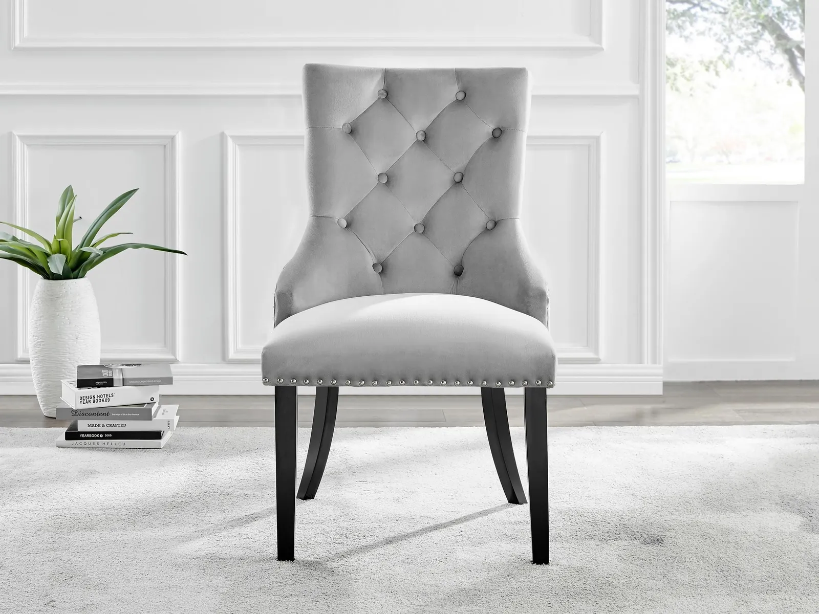 FurnitureboxUK Set of 2 Belgravia Deep Padded Soft Velvet & Chrome Knockerback Dining Chairs With Black Powder Coated Legs in Grey 2