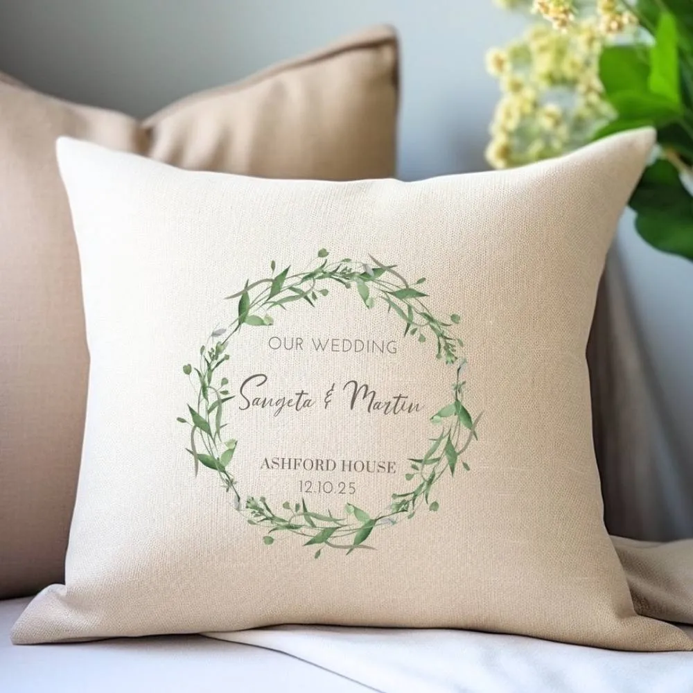 Aye Do Gifts Personalised Green Floral Wedding Cushion in Cream