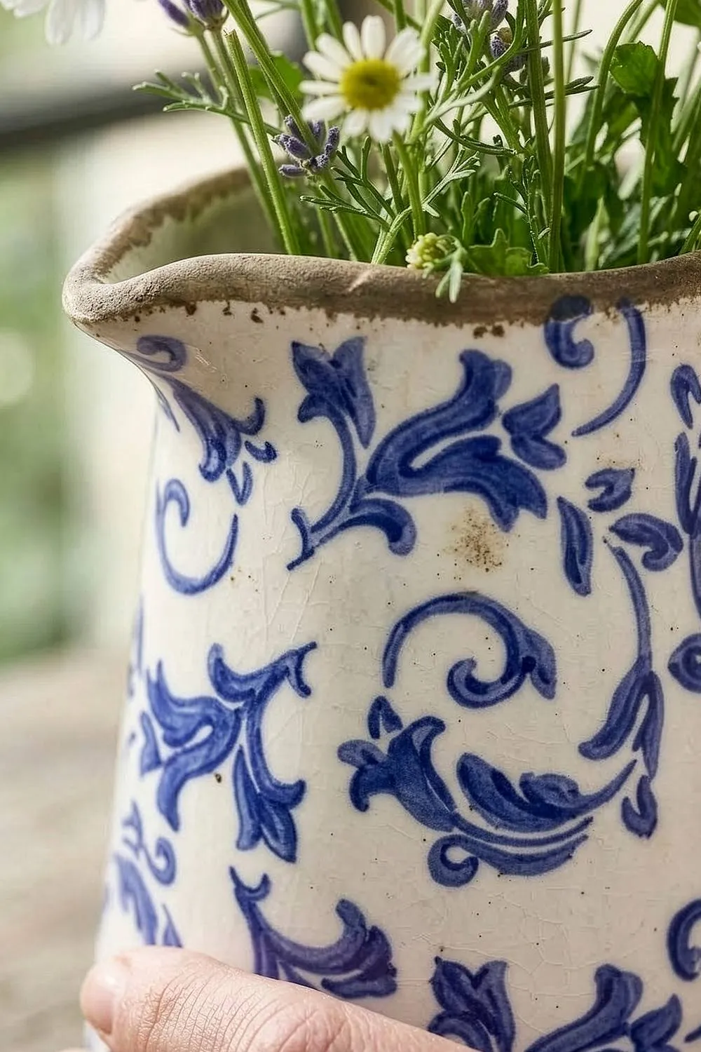 Dibor Vintage Solene Large Blue Botanical Home Decor Pitcher Jug H23 x W20cm in Cream 2