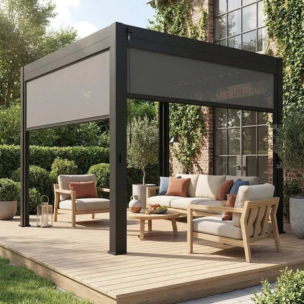 sweeek Louvered pergola aluminium 3 x 3m V2 & 2 3m blinds in Dark Grey