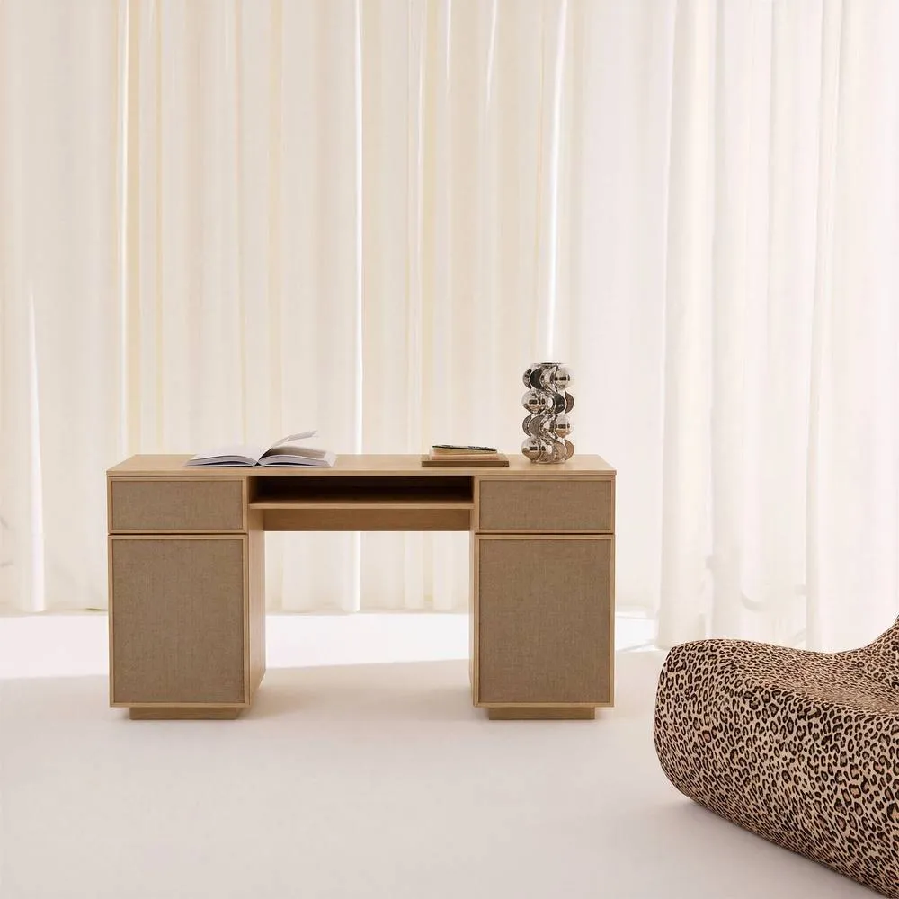 sweeek Desk with 2 doors, 2 drawers, 1 niche fabric & wood decor 140cm in Beige 3