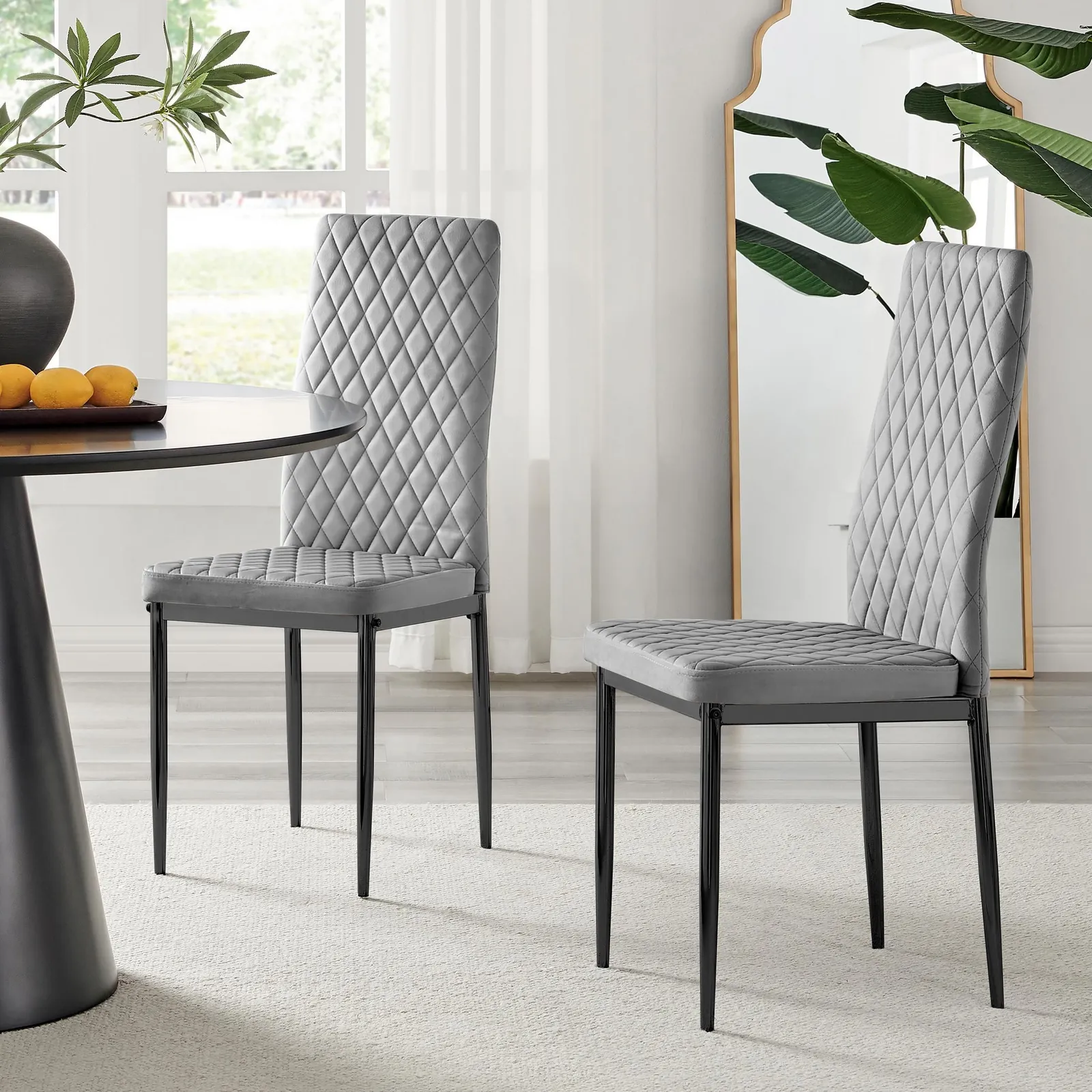 FurnitureboxUK Set of 6 Milan High Back Soft Touch Diamond Pattern Velvet Dining Chairs With Black Powder Coated Metal Legs in Grey