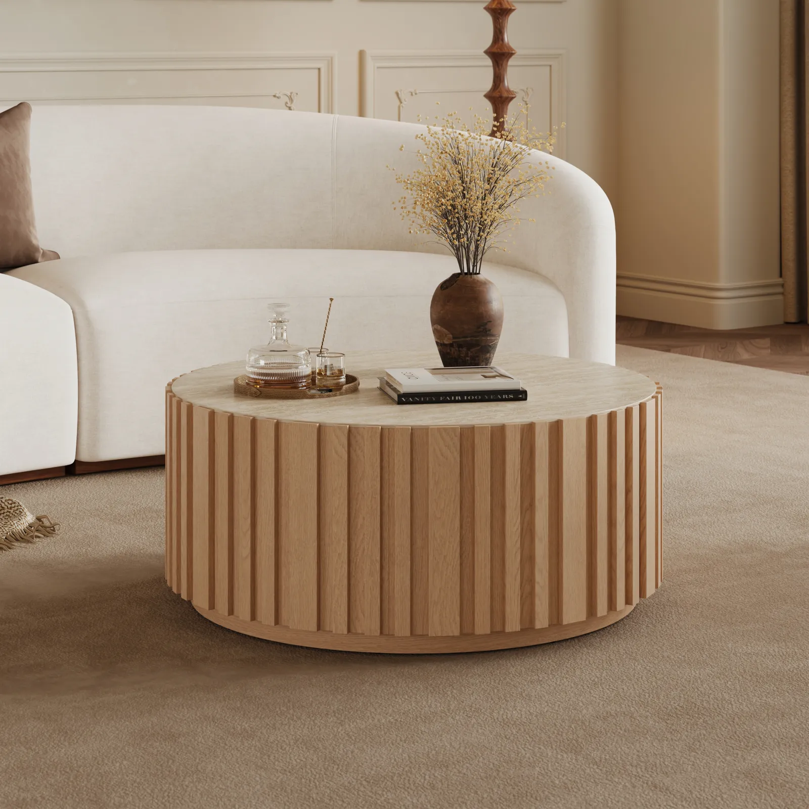 Aura 35" Ash Wood Slatted Round Coffee Table with Sintered Stone Top
