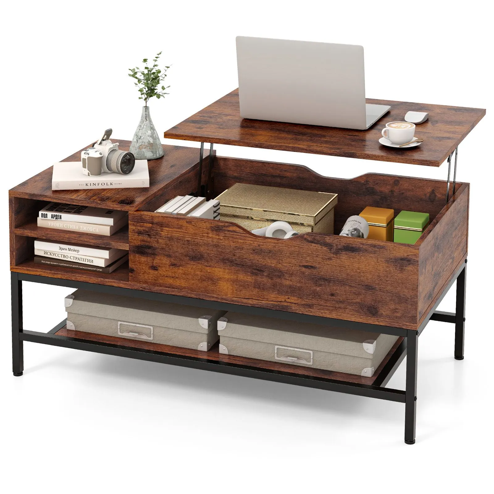 Costway Lift Top Coffee Table Living Room Center Table W/ Removable Shelf in Brown 2