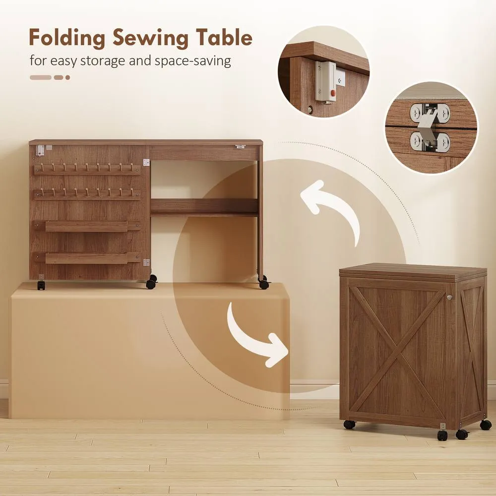 HOMCOM Folding Sewing Table, Craft Table with Storage compartments, Brown 5