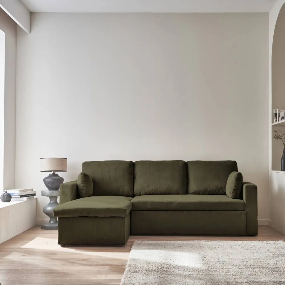 sweeek 3-seater corduroy corner sofa bed in Khaki