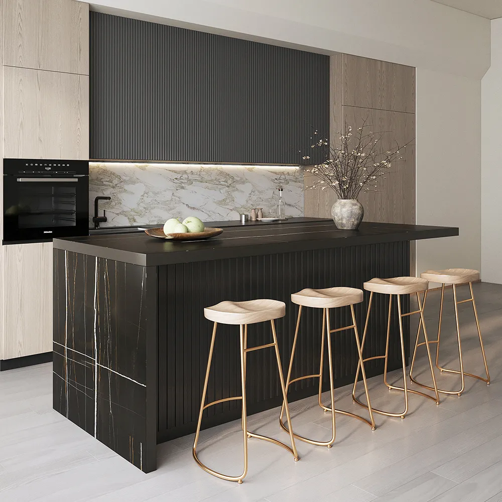 183 cm Kitchen Islands Marble Veneered Top Black Modern with Storage Kitchen Cabinet