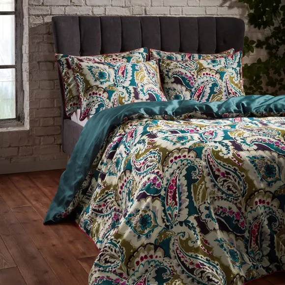 EW by Edinburgh Weavers Aretha Paisley Teal 100% Cotton Sateen Duvet Cover & Pillowcase Set 4