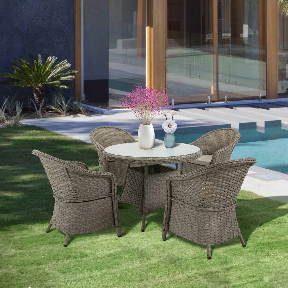 OUTSUNNY 5 Pieces Outdoor Patio PE Rattan Dining Set with Umbrella Hole & Cushions in Grey
