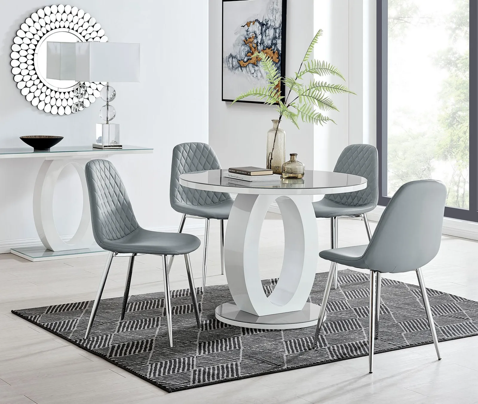 FurnitureboxUK Giovani Round 4 Seat 100cm White High Gloss Halo Base Grey Glass Top Dining Table 4 Soft Faux Leather Silver Leg Corona Chairs 1