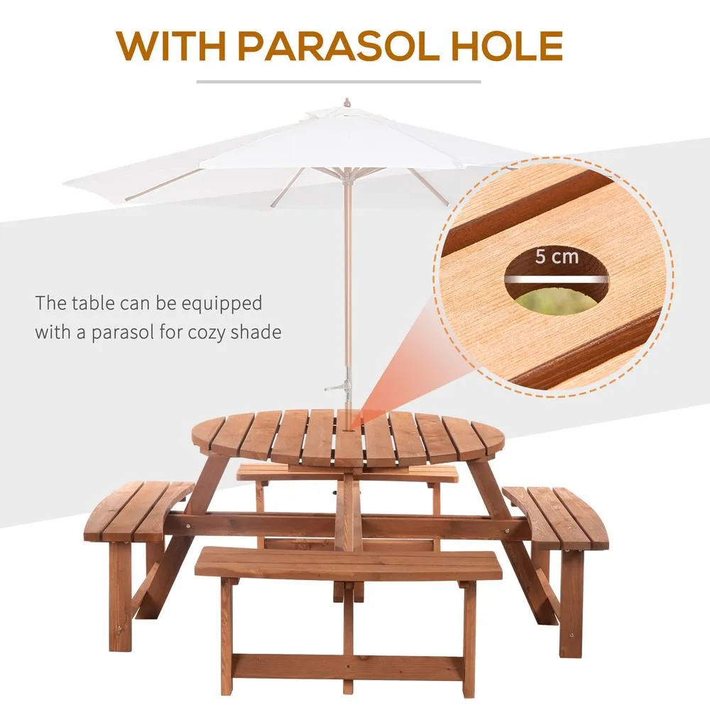 OUTSUNNY 8 Seat Outdoor Wooden Picnic Table with Bench, Parasol Hole, Brown 4