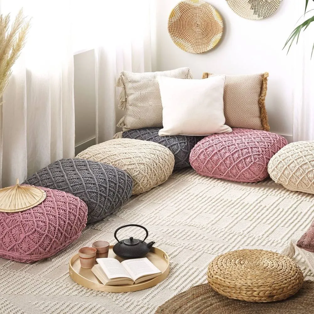 Wyld and Coco Beige Macramé Floor Cushion 50 x 50 x 20 cm - Textured Cotton Pouffe