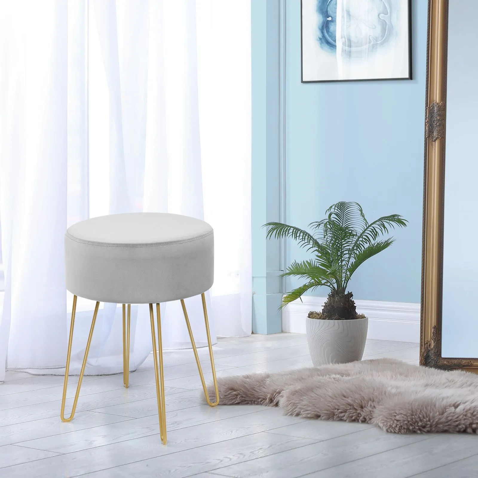 Costway Velvet Modern Round Footstool Ottoman Footrest Makeup Dressing Chair Seat Home in Grey 4