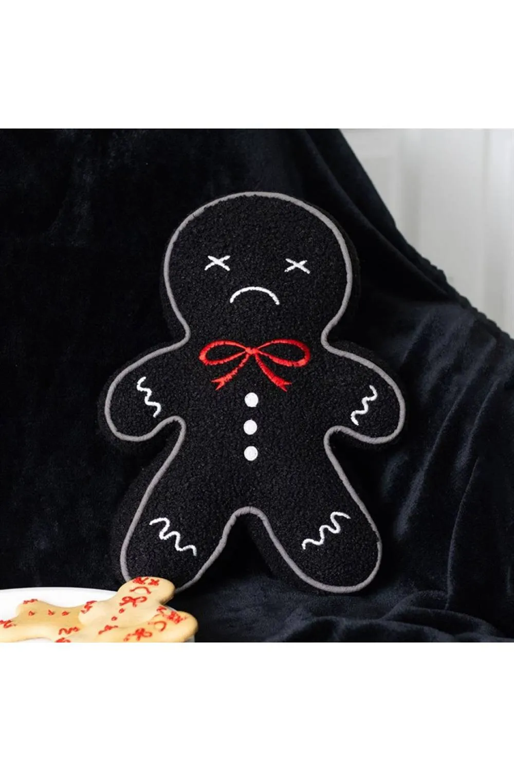 KDMD Spooky Gingerbread Man Boucle Cushion - Gothic Festive Decor in Black