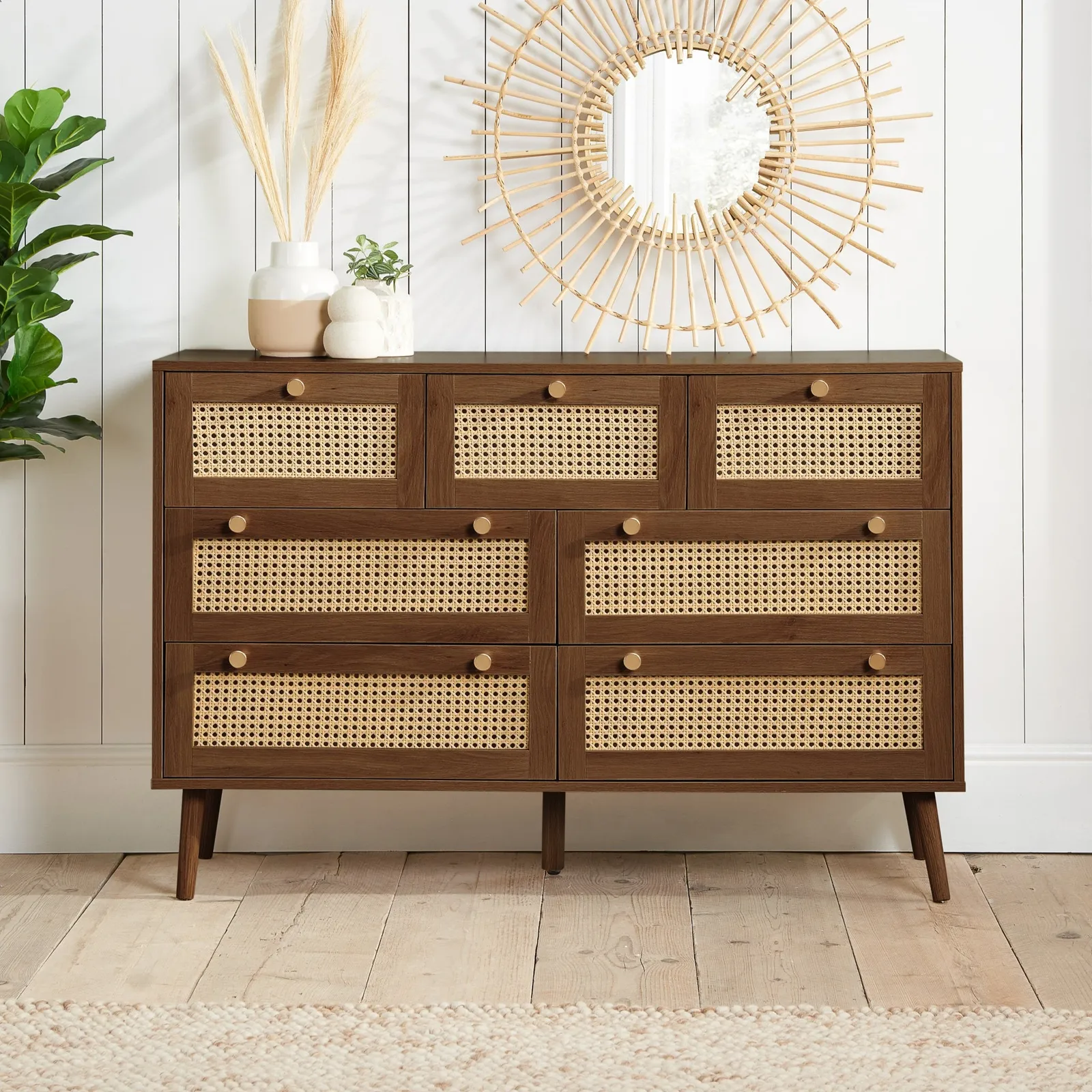 Croxley - 7 Drawer Chest of Drawers - Walnut - Rattan - Wooden - Happy Beds 1